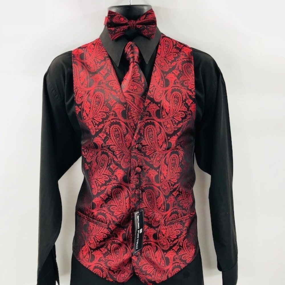 Men's Red Black Paisley Vest 4 Piece Set New - Picture 2 of 3